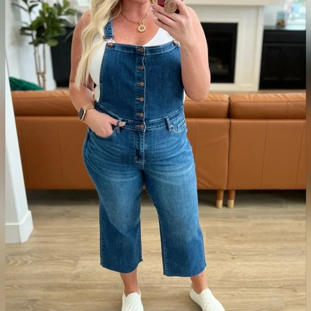 Judy Blue | Wide Leg Crop Denim Overalls Button Front, Womens 1XL - Picture 1 of 10